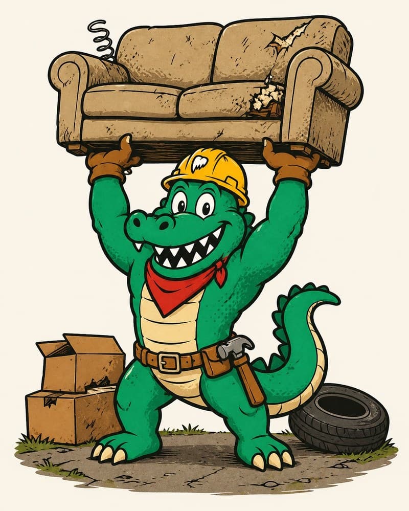 Chomp the gator lifting an old couch