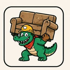 Chomp the gator carrying a couch up basement stairs