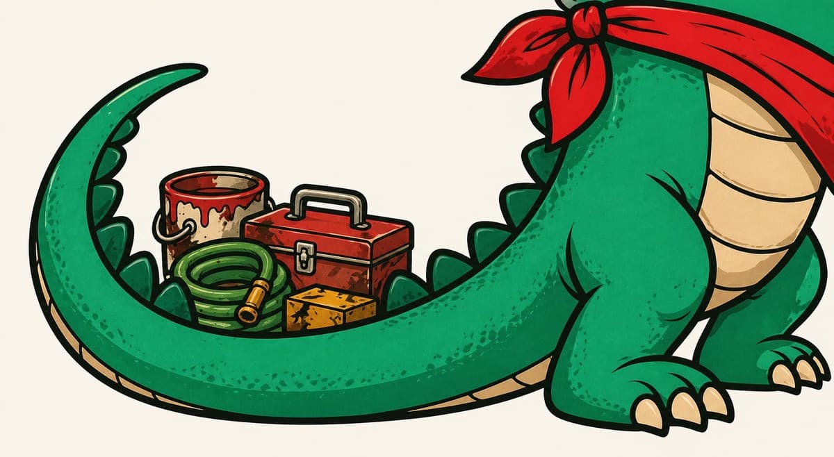 Chomp's tail wrapped around tools